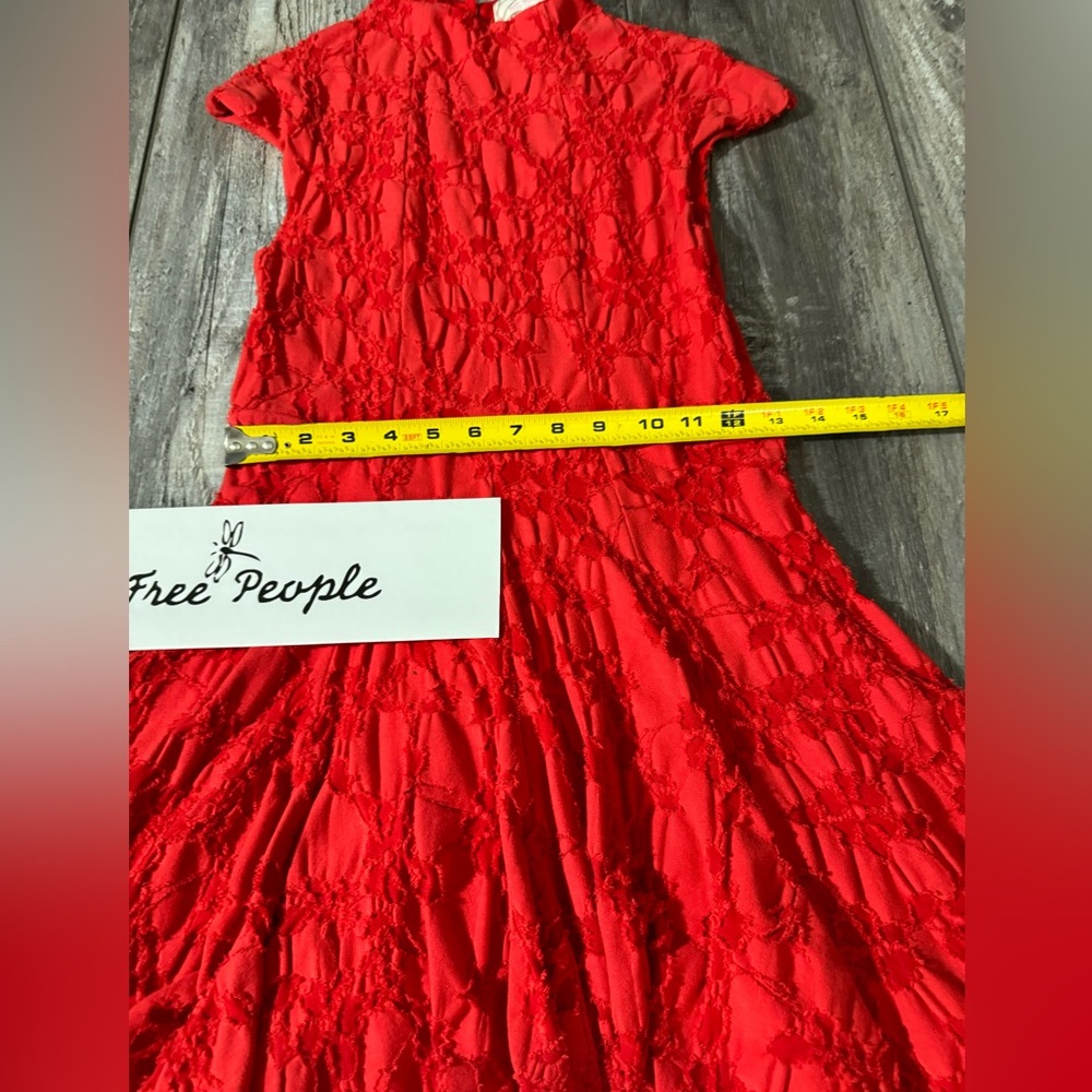 Free People Vintage Flared Burnt Red Mini Dress Floral Design - S - Picture 6 of 13